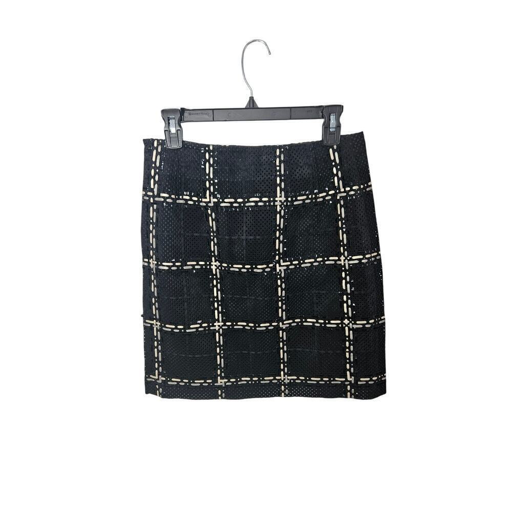 Per Se Leather Suede Perforated Plaid Black High Waist Knee Length Skirt Sz 2 XS - Picture 3 of 7
